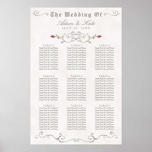 SEATING CHART 61 _ 90  Elegant Red Rose Wedding