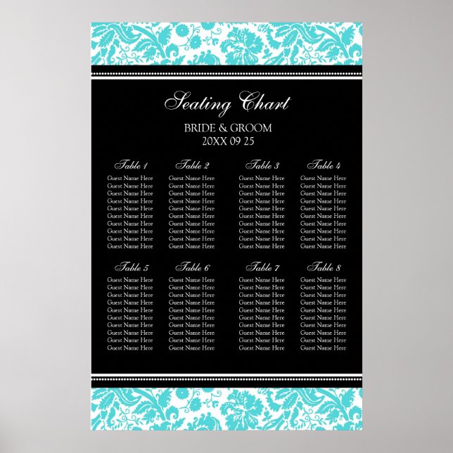 Seating Chart 8 Tables Aqua Black Damask (Front)