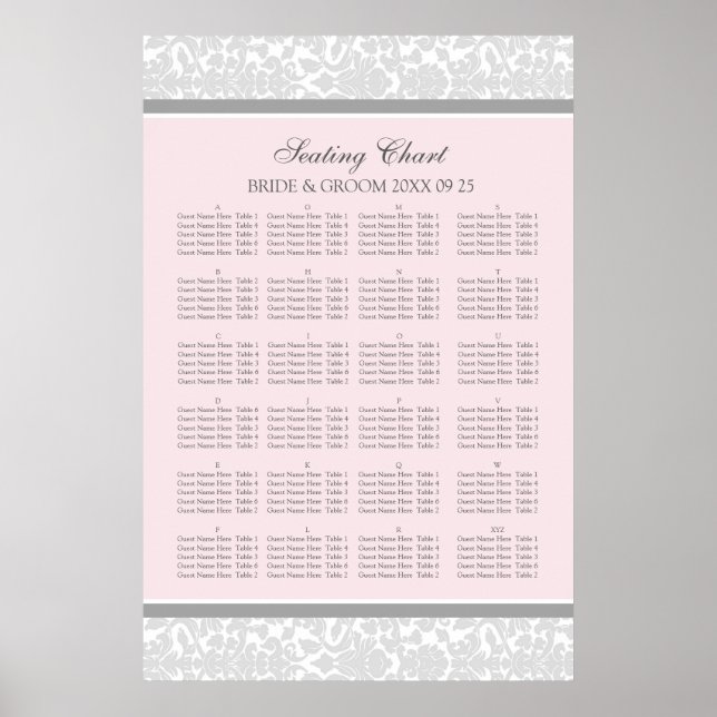 Seating Chart Alphabetical Blush Gray Damask (Front)