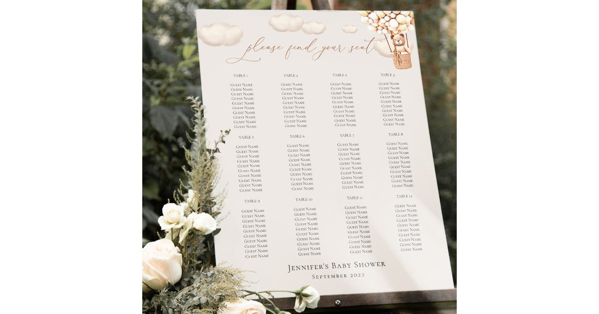 Seating Chart Bear Ballloons Baby Shower Foam Boar Foam Board Zazzle