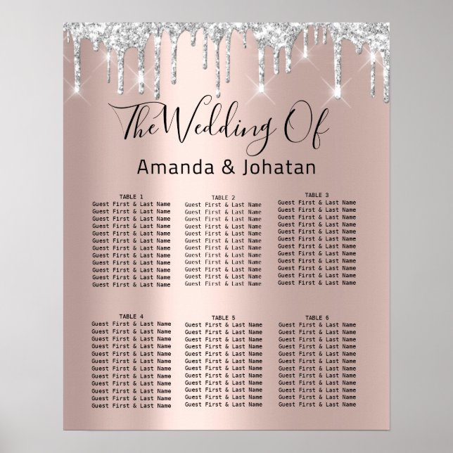 Seating Chart Black Gray Silver Drips Rose Gold (Front)