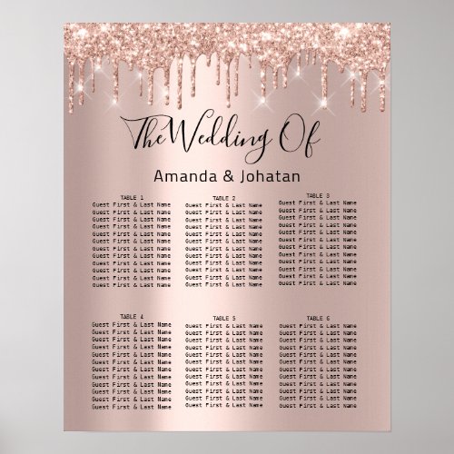 Seating Chart Black Wedding Bridal Drips Rose Gold