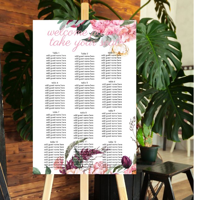 Seating Chart Boho Blush Pink Burgundy Peony Roses Foam Board (Creator Uploaded)