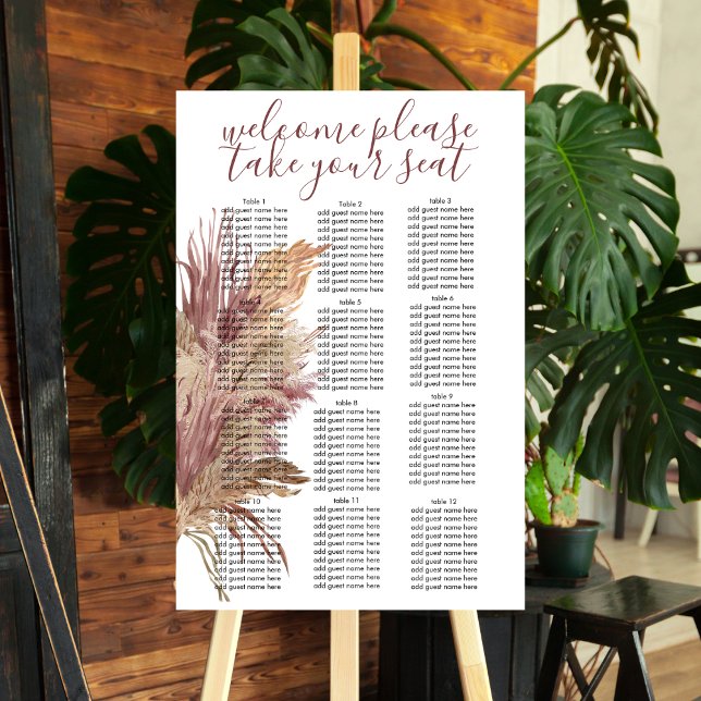 Seating Chart Boho Pampas Grass Mauve Pink Foam Board (Creator Uploaded)