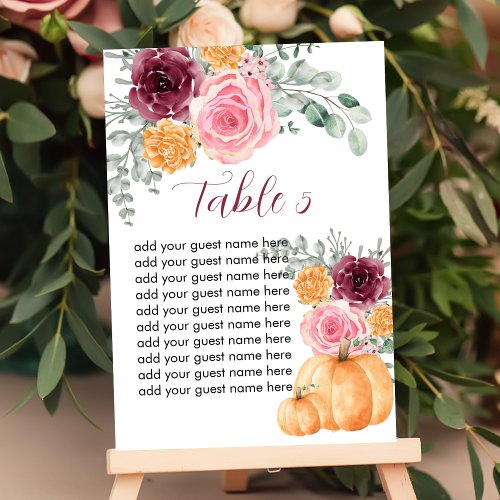 Seating Chart Fall Pumpkin Burgundy Blush Pink Table Number