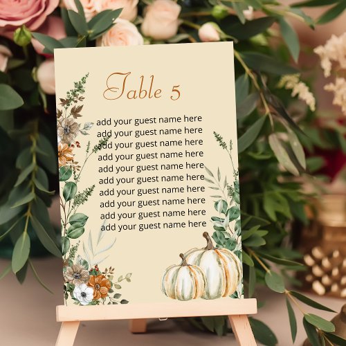 Seating Chart Fall Rustic Brown Floral Pumpkin Table Number