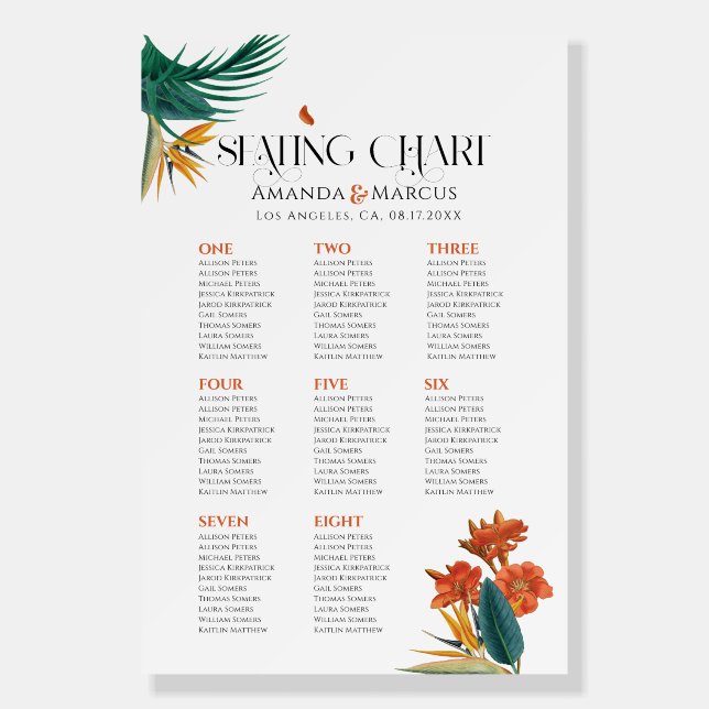 Seating Chart Fancy Wedding Tropical Flowers  Foam Board (Front)