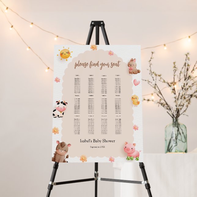 Seating Chart Farm Animals Baby Shower  Foam Board (In Situ (Stand))