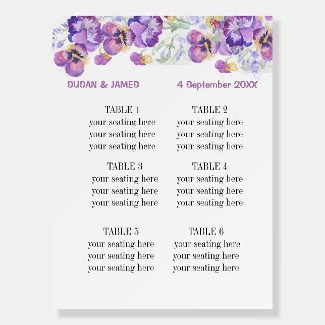 Seating chart Floral purple pansies  Foam Board (Front)