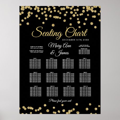 Seating Chart Gold Faux Glitter Confetti Black