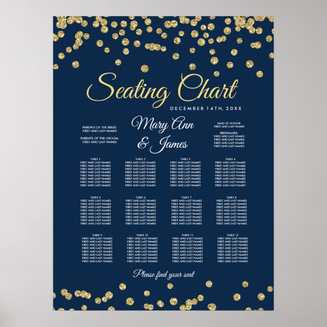Seating Chart Gold Faux Glitter Confetti Navy Blue (Front)