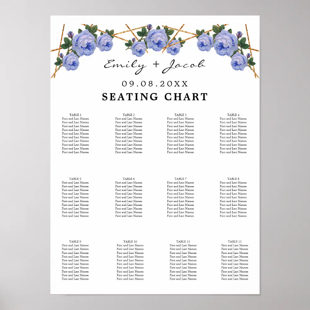 Seating Chart Gold Geometric Blue Floral Wed 120