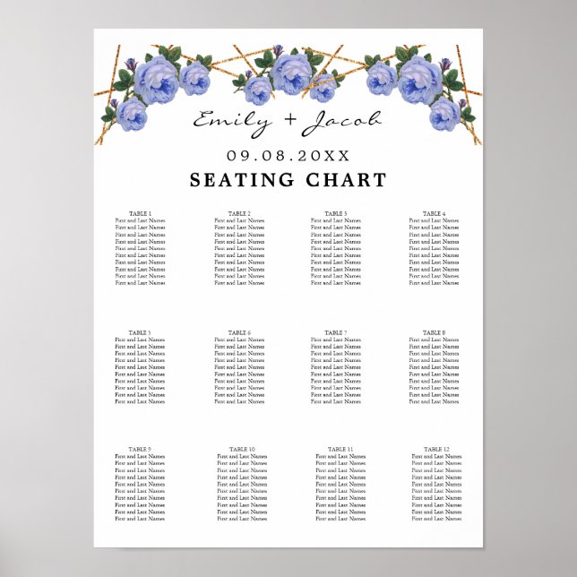 Seating Chart Gold Geometric Blue Floral Wed 120 (Front)