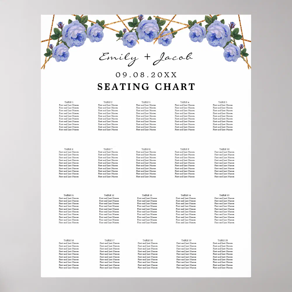 Seating Chart Gold Geometric Blue Floral Wed 200