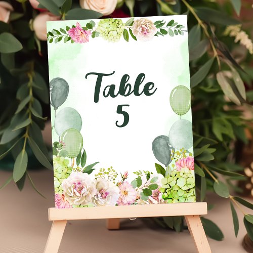 Seating Chart Green Hydrangea Pink Floral Balloons Table Number