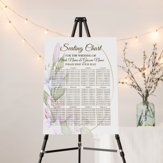 Seating Chart Party Pink Lily Flowers Golden Frame Foam Board (In Situ (Stand))