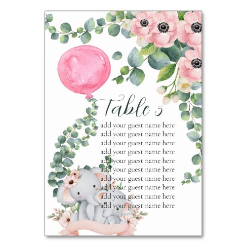 Seating Chart Pink Balloon Eucalyptus Elephant  Table Number