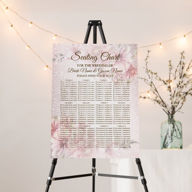 Seating Chart Pink Watercolor Flower Shiny Glitter Foam Board (In Situ (Stand))