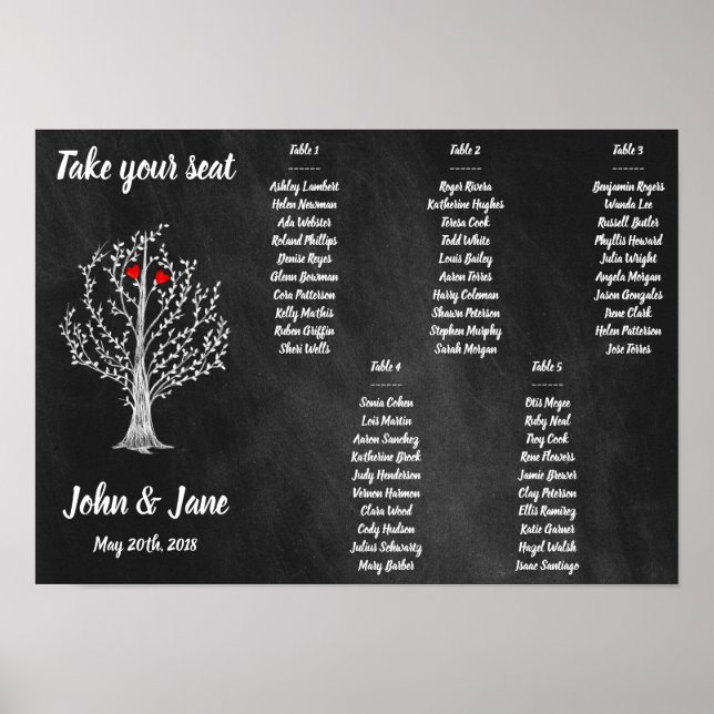 Seating Chart Poster - Tree and red hearts Design (Front)