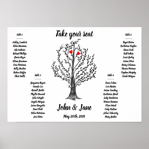 Seating Chart Poster _ Tree and red hearts Design