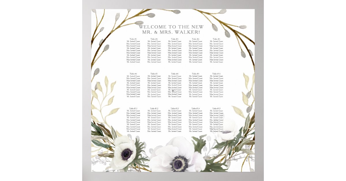 Seating Chart Reception White Anemone Pussy Willow Zazzle Com