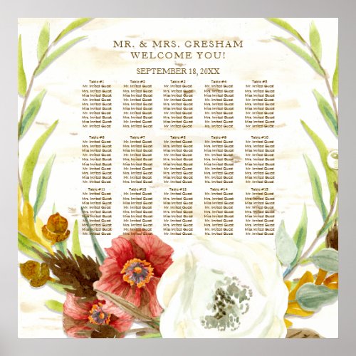 Seating Chart Rustic BOHO Bohemian Wreath Birch