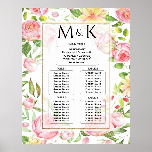 Seating Chart Spring Butterfly Pink Rose Garden
