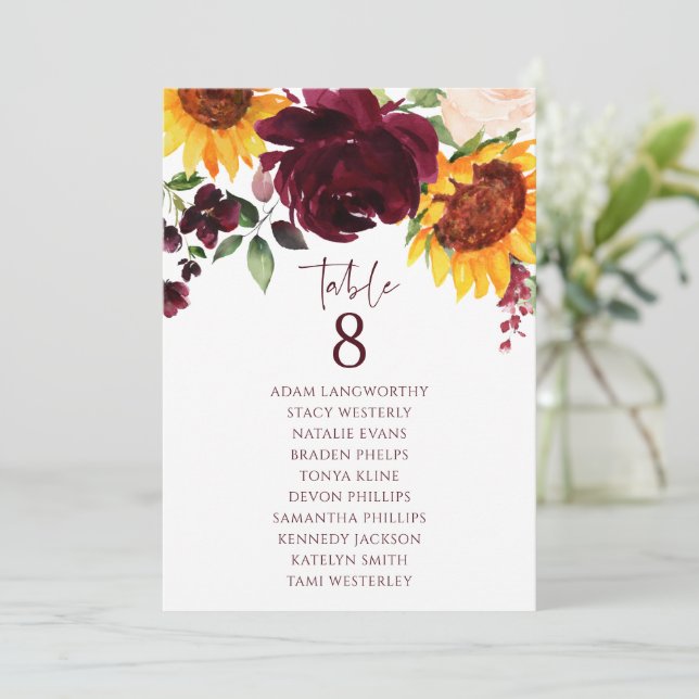 Seating Chart Table Number Sunflower Rose Burgundy (Standing Front)