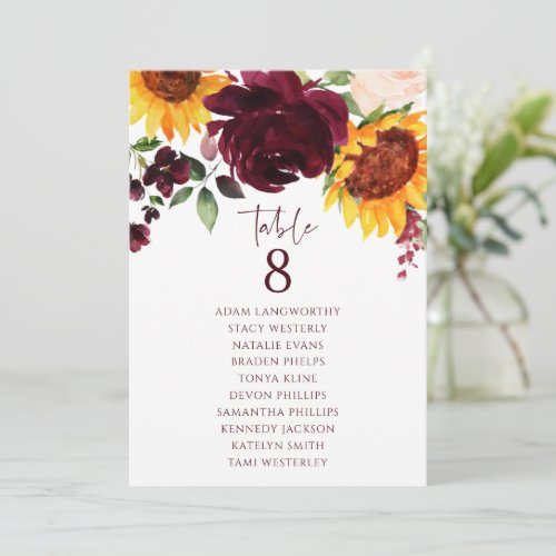 Seating Chart Table Number Sunflower Rose Burgundy