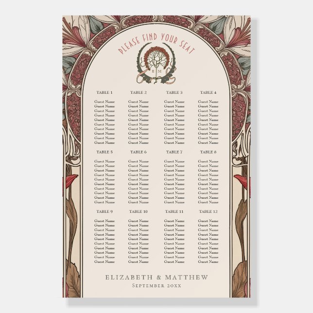 Seating Chart Vintage Wedding Art Nouveau Foam Board (Front)