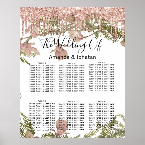 Seating Chart Wedding Bridal Drip Rose Floral Whit