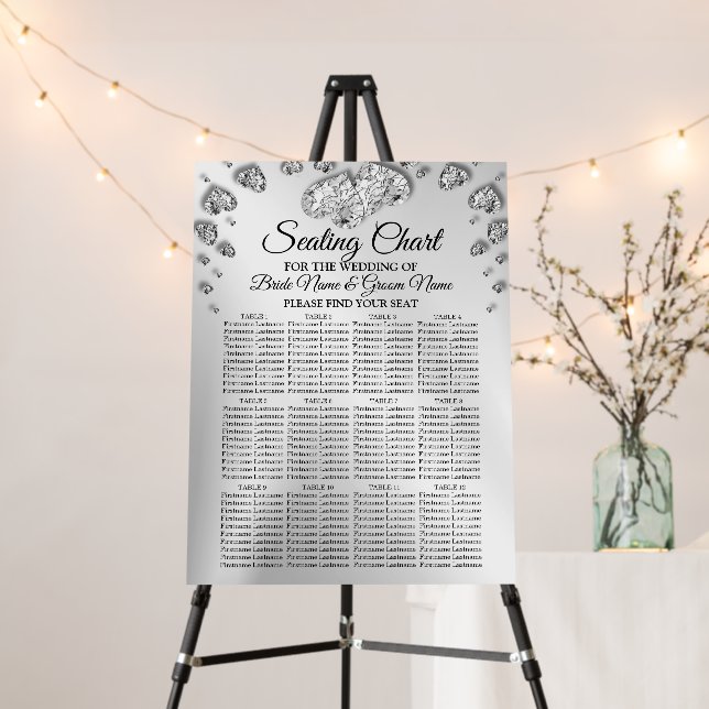 Seating Chart Wedding Party Silver Hearts Elegant Foam Board (In Situ (Stand))