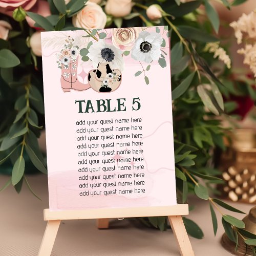 Seating Chart Western Cowgirl Pink Boots Hat Table Number