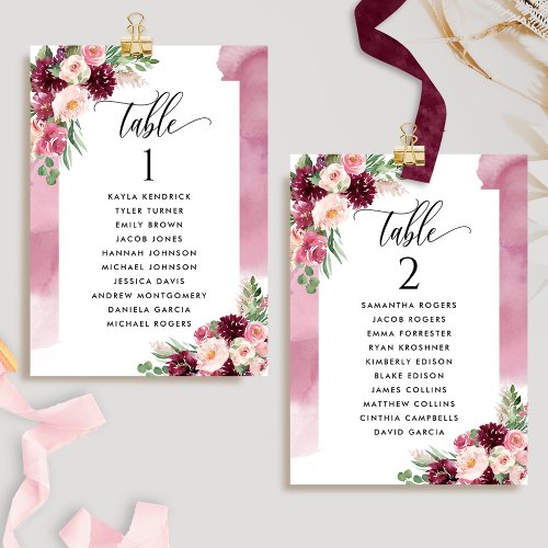 Seating Plan Cards with Guest Names Burgundy Pink 