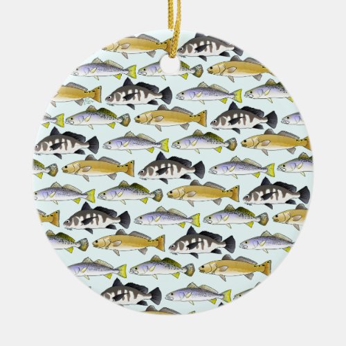 Seatrout and Drum Pattern in blue Ceramic Ornament