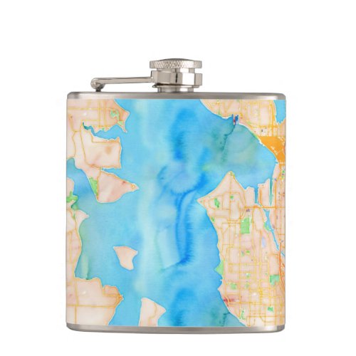 Seattle and Puget Sound Watercolor Map Flask