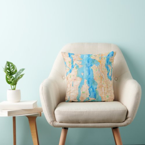 Seattle and Puget Sound Watercolor Map Throw Pillow