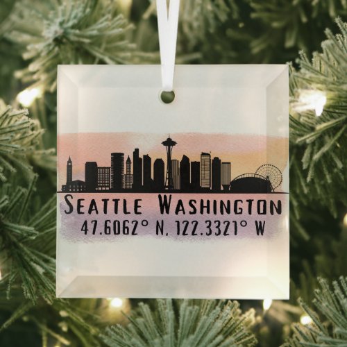 Seattle City Skyline Latitude and Longitude  Glass Ornament
