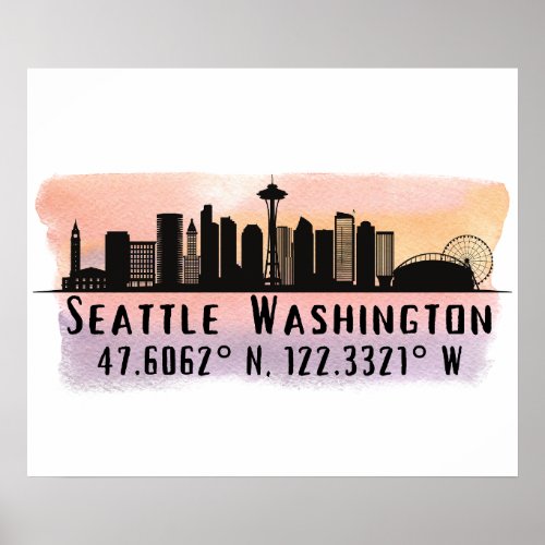 Seattle City Skyline Latitude and Longitude Print