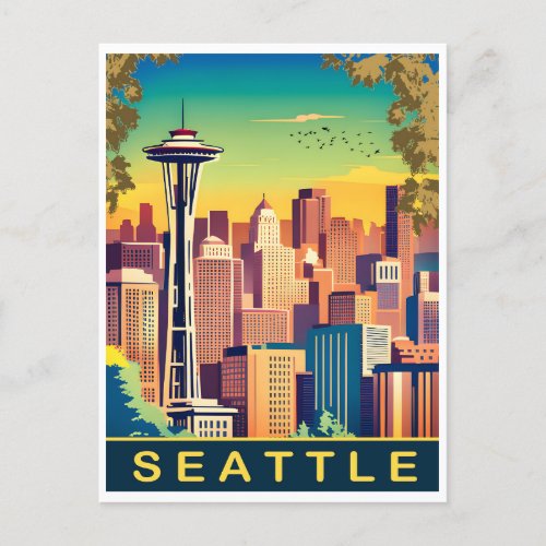 Seattle City Skyline Washington State Travel Postcard