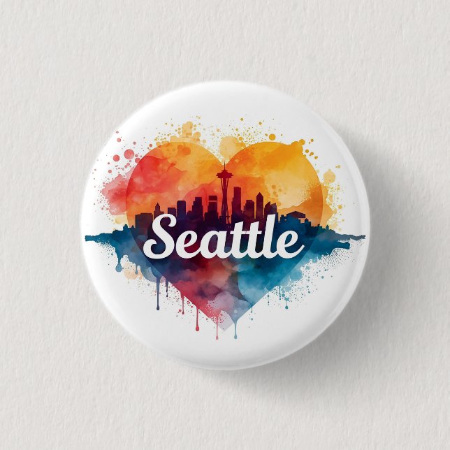 Seattle City watercolor Skyline Button (Front)