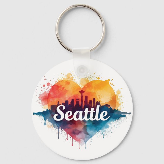 Seattle City watercolor Skyline Keychain (Front)