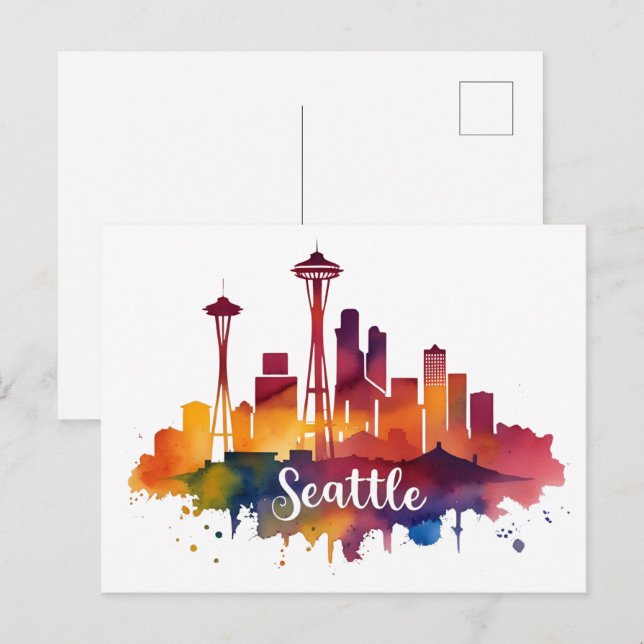 Seattle City watercolor Skyline Postcard (Front/Back)