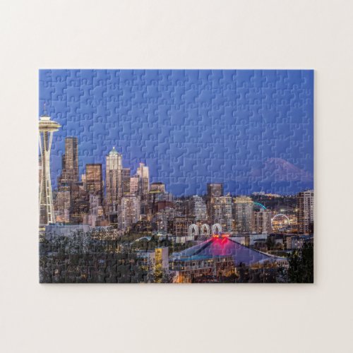 Seattle Downtown and Mt Rainier at Twilight Jigsaw Puzzle