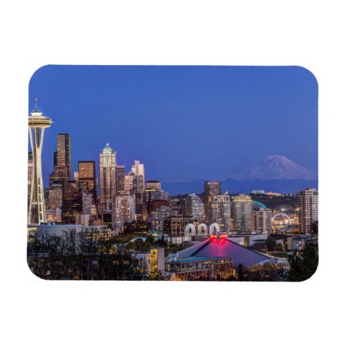 Seattle Downtown and Mt Rainier at Twilight Magnet