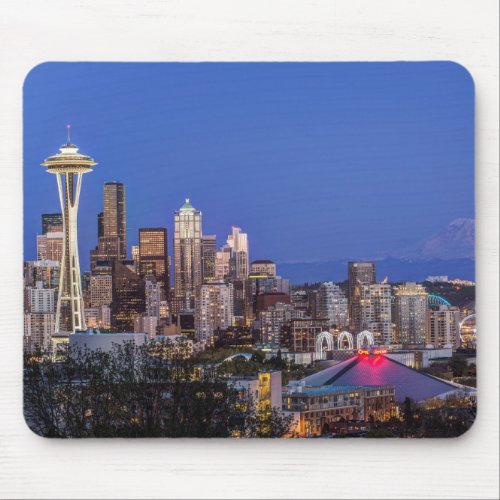 Seattle Downtown and Mt Rainier at Twilight Mouse Pad