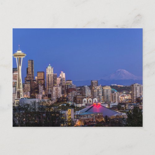 Seattle Downtown and Mt Rainier at Twilight Postcard