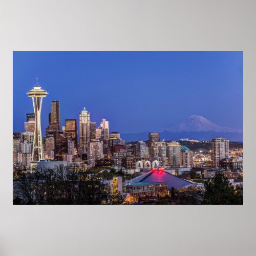 Seattle Downtown and Mt Rainier at Twilight Poster