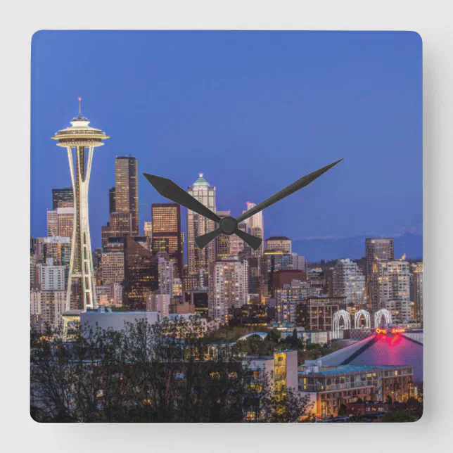 Seattle, Downtown and Mt. Rainier at Twilight Square Wall Clock | Zazzle