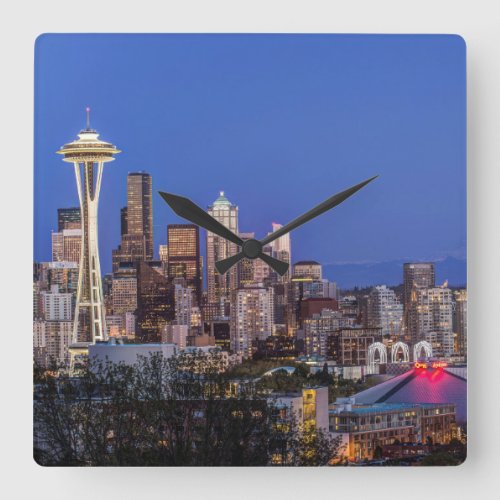Seattle Downtown and Mt Rainier at Twilight Square Wall Clock